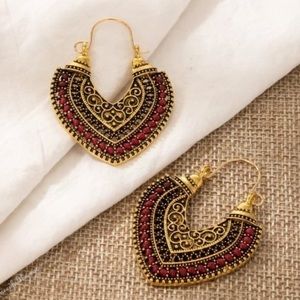 Vintage Boho Gypsy Red Black Braided Heart Shaped Hollowed Hoop Ethnic Earrings